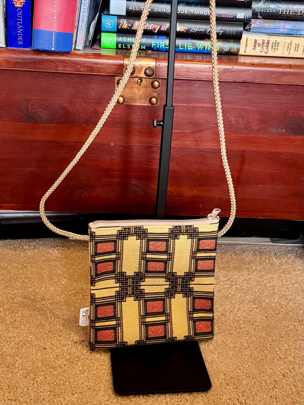 Woven Architectural Design Shoulder Bag in Mustard and Rust - Unbranded